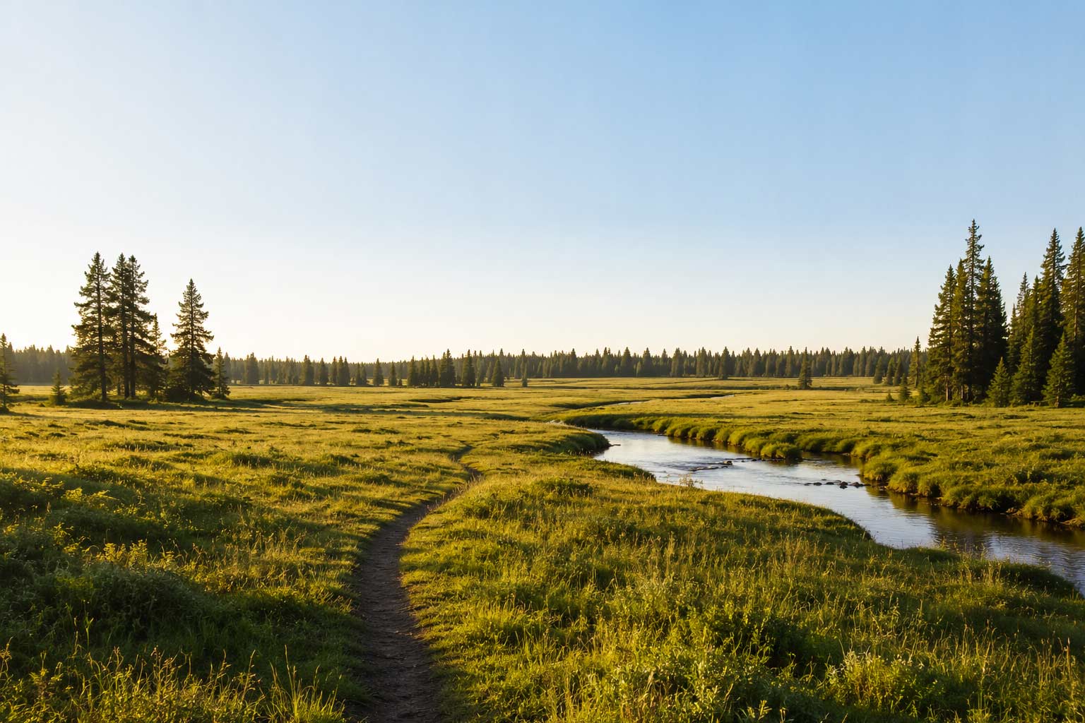 A winding meadow path with a stream leading toward open horizon